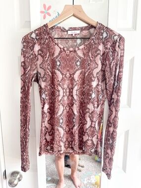 Parker Small Pink Snakeskin Animal Print Sheer Mesh Long Sleeve Top